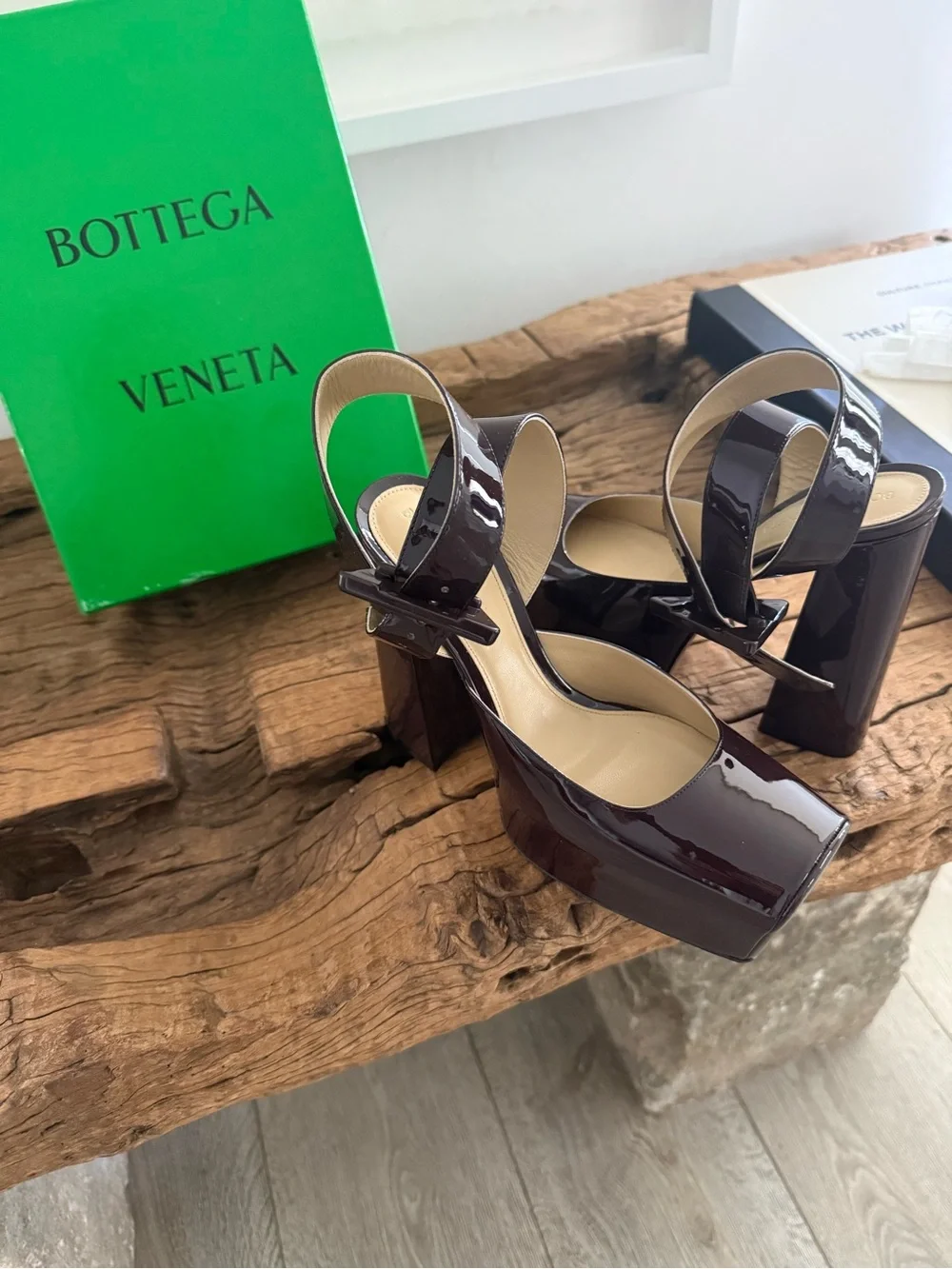 BOTTEGA VENETA Patent Platform Block Heel Ankle-Strap Pumps - Dark Brown